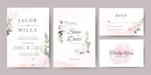 wedding invitaion card set template design with pink rose watercolor and gold leaf