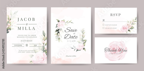 Fotomural wedding invitaion card set template design with pink rose watercolor and gold le