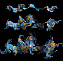 Poster - 3d render of curling mass of particles. Different phases.