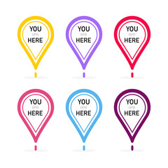 Poster - You Are Here Red Location Pointer Marker collection of different colors isolated on white background. Vector illustration.