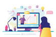 © Marina - Online education, home schooling. Modern workplace, man teacher on laptop screen, woman watching online course.