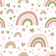 Seamless pattern with cute rainbows, stars and hearts.