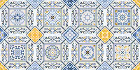 Naklejka na meble Seamless colorful patchwork in turkish style. Hand drawn background. Azulejos tiles patchwork. Portuguese and Spain decor. Islam, Arabic, Indian, ottoman motif. Perfect for printing on fabric or paper