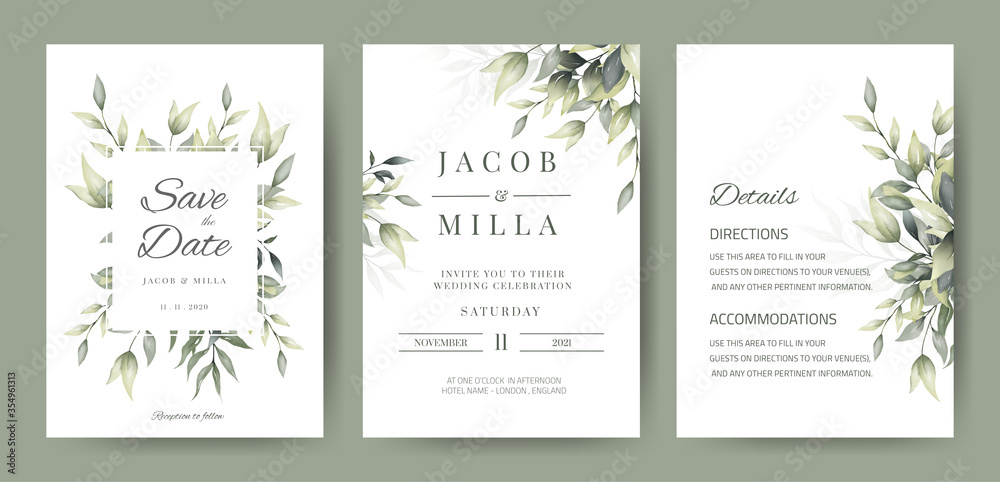 wedding invitation card set template design with watercolor greenery leaf and branch  - obrazy, fototapety, plakaty 