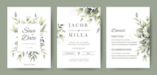 Wedding Invitation Card Set Template Design With Watercolor Greenery Leaf And Branch 