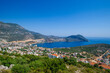 Kalkan gorgeous setting a beautiful cove, its stunning beaches, charming nature. The southwest shore of Turkey Lycian Coast Drone Aerial