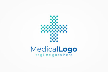Poster - medical logo health symbol pharmacy icon. blue gradient pixel dots halftone cross sign isolated on w