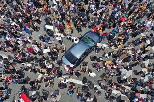 Protestors gathered at a crosswalk aerial shot