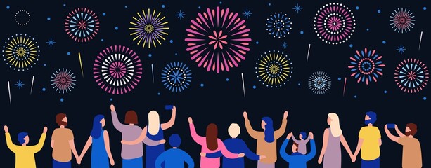 Crowd watching fireworks. Happy people see to firework at night, people celebration illustration, holiday event and celebrate vector