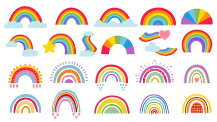 Wall Mural - Cartoon rainbow. Colourful rainbows, heart and cloud with rainbow colors tail. Hand drawn color arc vector illustration set. Cartoon rainbow doodle, graphic colorful collection