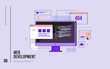 Concept of web development, programming, coding and web design. Monitor with program code on screen and open web pages. Digital industry. Innovations and technologies. Vector flat illustration.