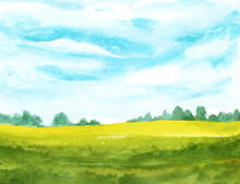 Watercolor Abstract Landscape With Clouds On Blue Sky And Green Grass. Hand Painted Background