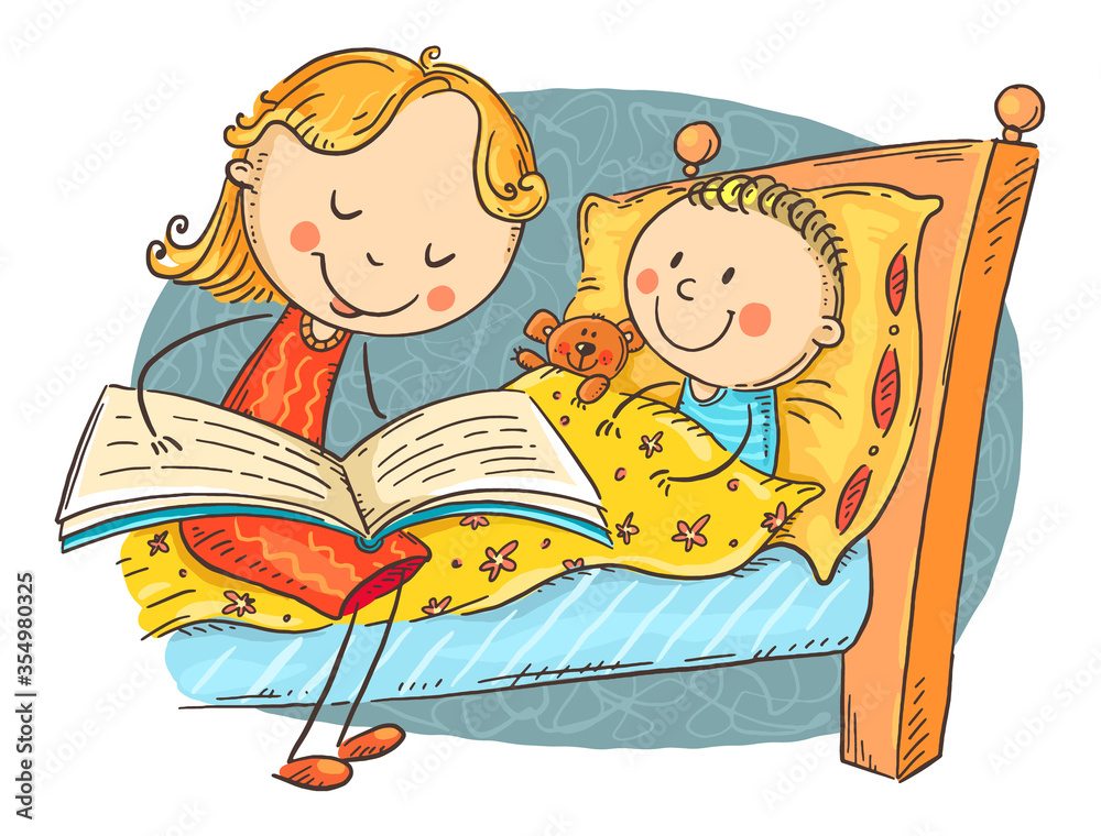 Mother reading bedtime stories to child in colorful illustration