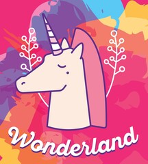 Wall Mural - Vector multicolor illustration of cute magic unicorn head with horn, pink mane, flowers and word wonderland.