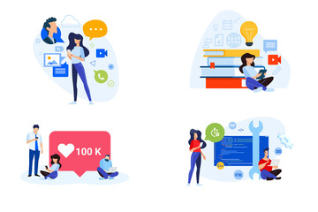 Flat design style illustrations of social media, networking, online education, website and app development. Vector concepts for website banner, marketing material, business presentation.