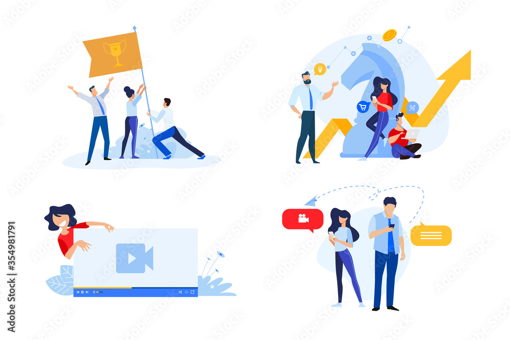 Flat design style illustrations of business strategy, teamwork, video streaming, online communication. Vector concepts for website banner, marketing material, business presentation, online advertisin - obrazy, fototapety, plakaty 