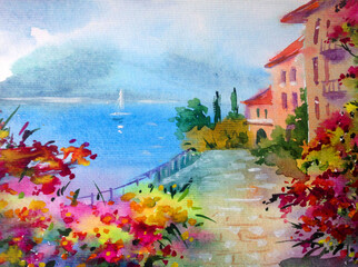 Watercolor colorful bright textured abstract background handmade . Mediterranean landscape . Painting of architecture and vegetation of the sea coast , made in the technique of watercolors from nature