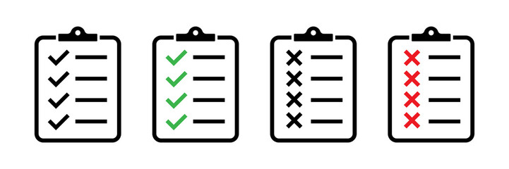 Poster - Clipboard vector icons isolated. Task done sign.  Green check mark icons symbol.Tick symbol. Red cross tick.