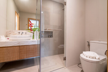 Wall Mural - Interior design of bathroom in luxury villa feature double basin, sink, toilet, mirrir and temper glass door