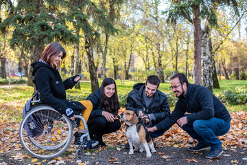 Young disabled woman in a wheelchair playing with dog and friends in nature