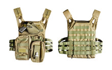 Isolated Military Molle System Tactical Armor Vest With Pouches And Gun Holster Front And Back View.