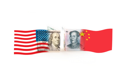 Chinese Yuan Note with china flag and united states of america U.S. dollar  with USA flag on white background, Trade wars and relationship between the two countries concept