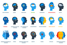 Set Of Psychological Problems Concept On White Background. Mental Disorders, Illnesses And Psychiatry. Human Head Flat Icons. Depression, Bipolar And Ocd Psychology Logo.