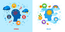 Mental Stress And Relax Concept. Vector Illustration. Anger, Negative Or Positive Mind, Emotional Triggers. Flat Style Icons.