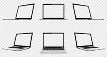 Laptop With Transparent Screen On Transparent Background. Perspective, Top And Front Laptop View With Transparent Screen.