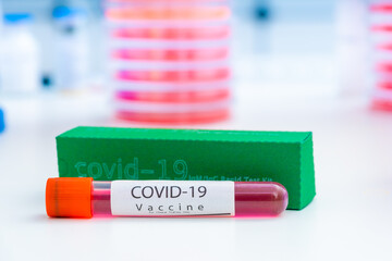 Sticker - Close-up on laboratory vial Virus corona covid 19 vaccine. Research for new novel coronavirus immunization drug concept. Coronavirus COVID-19 vaccine vial