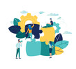 © Viktoria Kurpas - Vector illustration, joint teamwork in the company, people push details of puzzles, business leader contraces the construction process