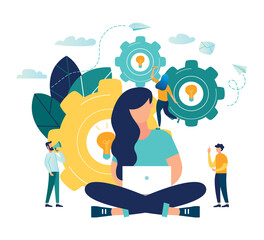 The woman is working on the development of the design concept idea project. people help to generate an idea. creative business project. vector illustration. Gear metaphor as a workflow