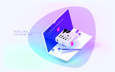 Poster - Work online. Freelancer workplace. Isometric laptop on the table. Online education, online work. Modern vector illustration isometric style.