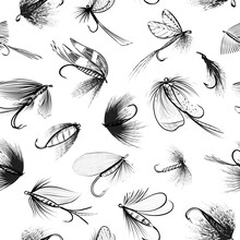 Fly Fishing Flies Seamless Pattern. Fishing Lures - Black And White Vector Sketch Style Illustration Isolated On White Background