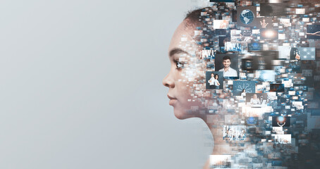 Creative ideas, knowledge and skills of person in social network. Profile african american girl overlap a lot of photos
