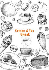 Wall Mural - Breakfast hand drawn illustration. Coffee shop menu design. Food sketch. Coffee, tea and desserts. Cafe menu elements.