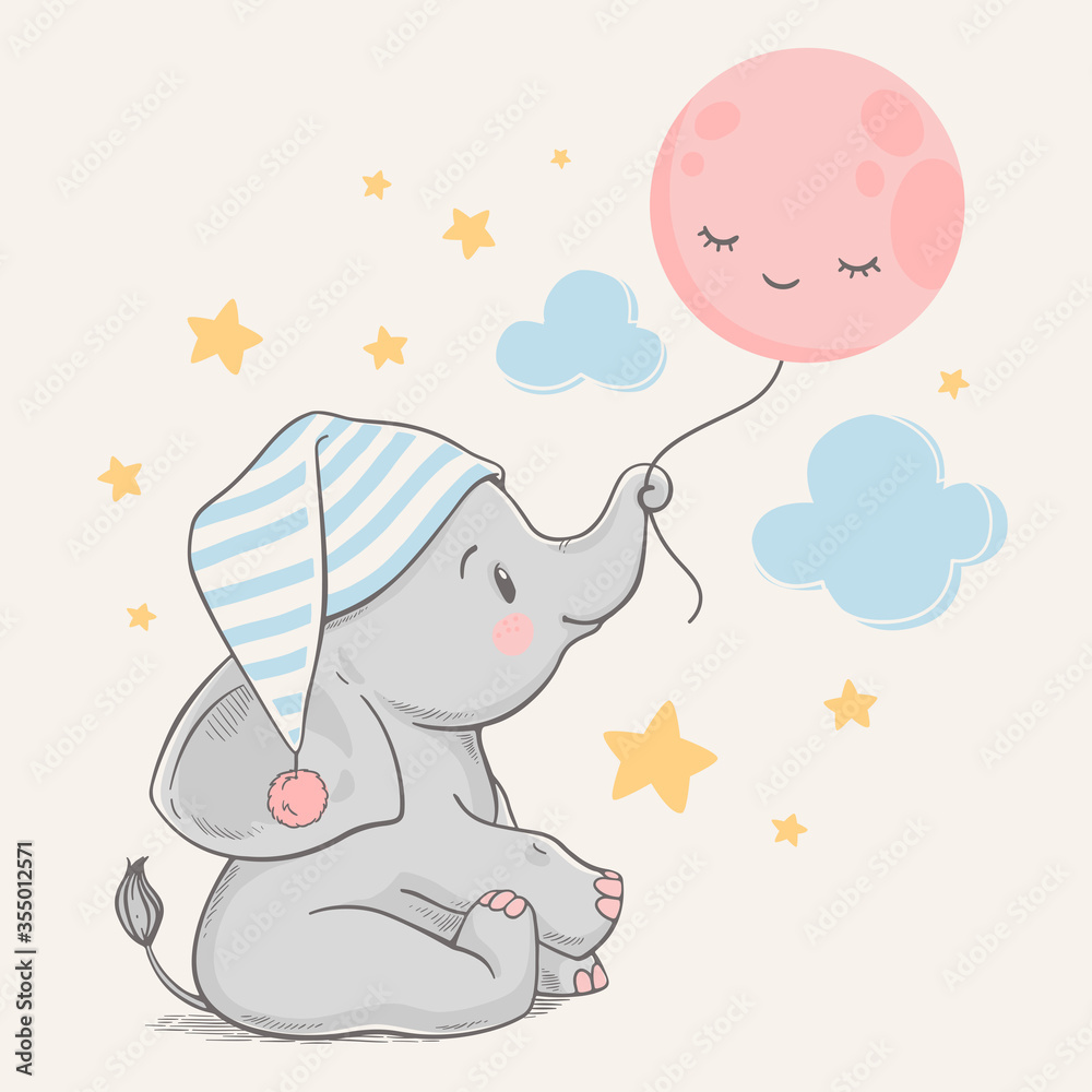 Hand drawn vector illustration of a cute baby elephant in a sleeping ...
