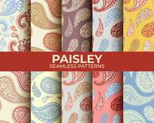 Paisley Patterns Set, Seamless Colorful Floral Ornament, Vector Design. Abstract Vintage Paisley Pattern Decoration, Floral Fabric Background