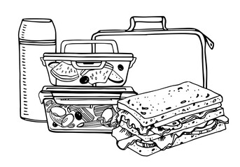 Composition with school lunch. Two food containers, bag, thermos and sandwich. Hand drawn outline vector sketch illustration