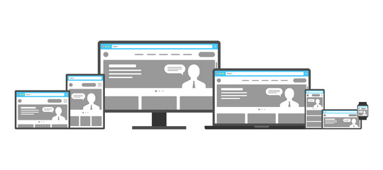 Responsive adaptive web design template set. Website on different devices. Desktop monitor, laptop, tablet, smartphone mobile app and smart watch display mockup. Flat digital vector eps illustration