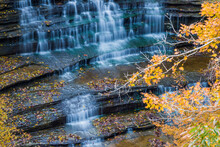 Fall Foliage Over Waterfall In Clifty Creek Park, Southern Indiana