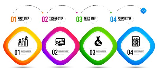 Wall Mural - Loan, Graph chart and Calculator icons simple set. Timeline infographic. Candlestick chart sign. Money bag, Growth report, Accounting device. Report analysis. Finance set. Vector