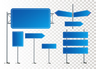 Wall Mural - Road blue traffic signs set. Blank board with place for text. Mockup. Isolated information sign. Direction. Vector illustration