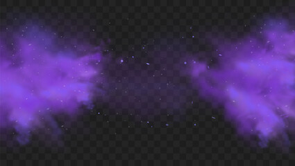 Purple smoke isolated on transparent dark background. Abstract purple powder explosion with particles and glitter. Smoke hookah, poison gas, violet dust, fog effect. Realistic vector illustration
