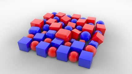 Poster - 3D rendering of balls and cubes on a white background with a reflective surface. geometric shapes of red and blue colors of different shapes in a mix. Abstract composition for desktop Wallpaper
