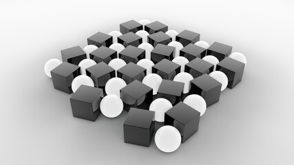 Poster - 3D rendering of balls and cubes on a white background with a reflective surface. geometric shapes in black and white with different shapes mixed together. Abstract composition for desktop Wallpaper