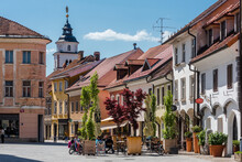 Kranj, Slovenia 05.01.2019: Colorful Tenanments In Main Square In Old Town Of Kranj, Slovenia 