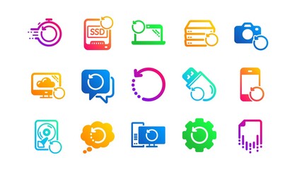 Aufkleber - Backup, Restore data and recover file. Recovery icons. Laptop renew, drive repair and phone recovery icons. Classic set. Gradient patterns. Quality signs set. Vector