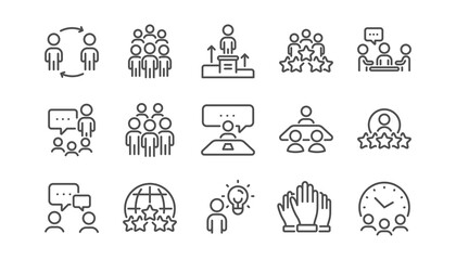 Poster - business people line icons set. meeting, job structure, team. group people, communication, member ic