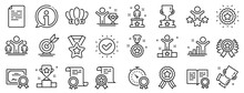 Winner Cup, Goal Target, Certificate. Success Line Icons. Reward, Medal With Ribbon, Crown Icons. Award, Winner Podium, First Place Success. Statue, Diploma With Certificate, Challenge. Vector